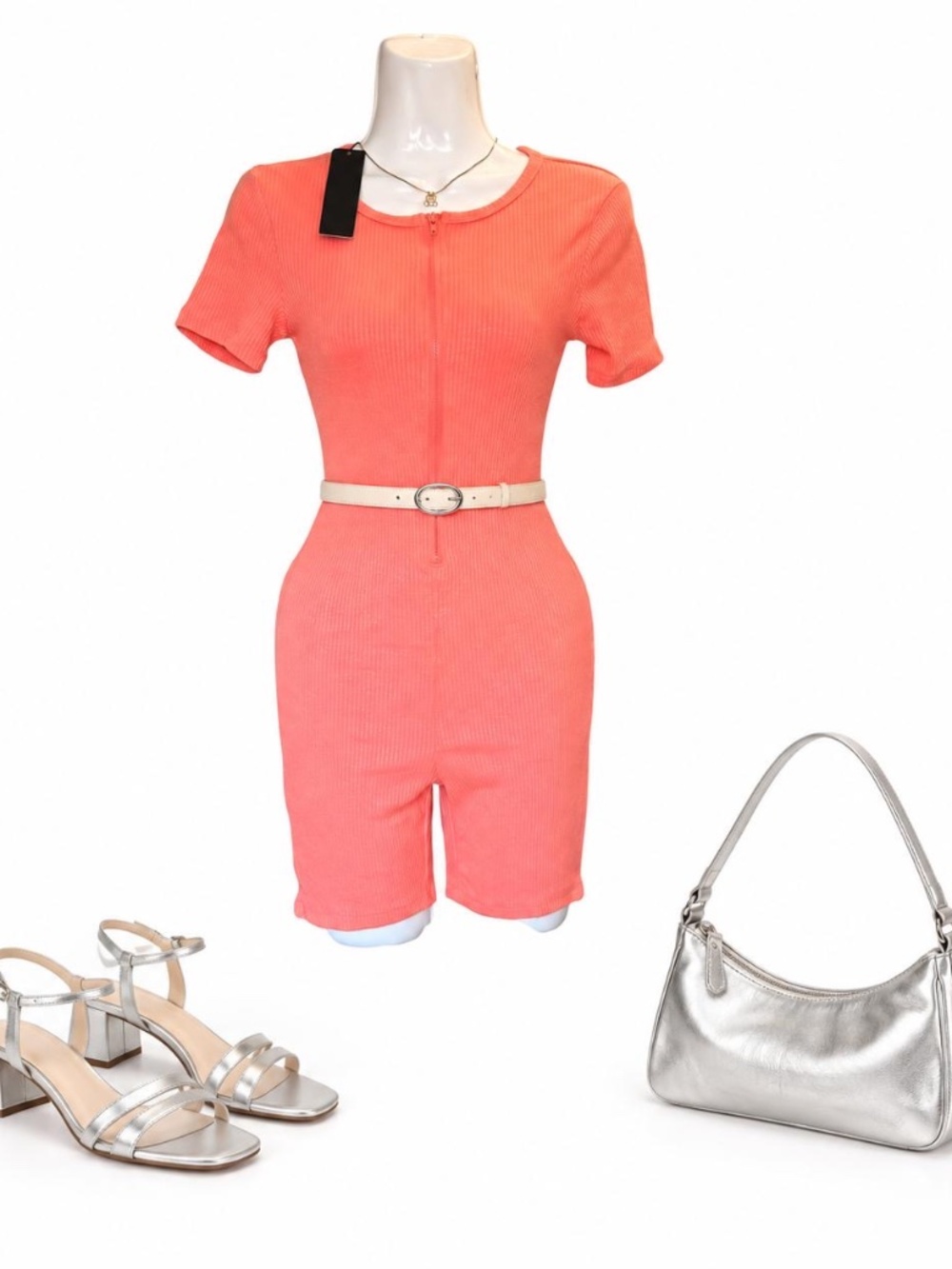 Fashion Nova Coral Ribbed Zip Front Biker Romper NWT Small